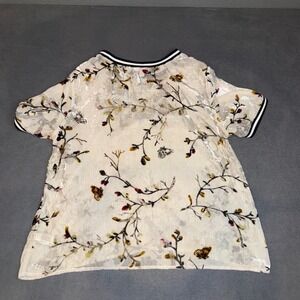 Velvet Burnout Floral Butterfly Top Short Sleeve Cream Large Varsity Chic